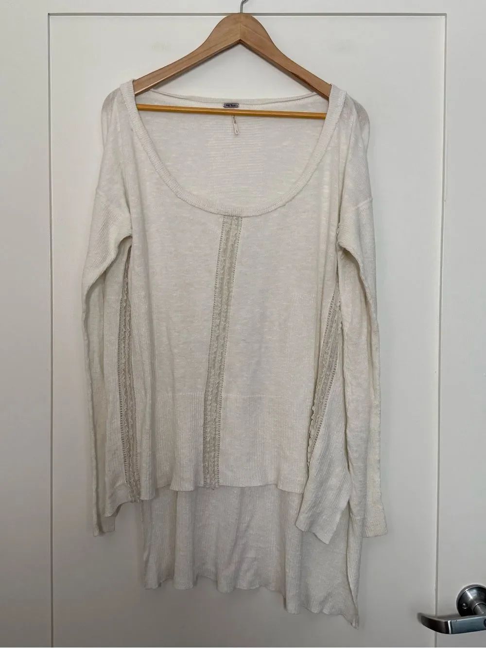 Free People Boxy Top Womens Sz L Ivory Knit Lace Long Sleeve Linen Blend Boho
